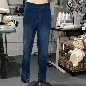 Soft Surroundings Blue Skinny Jeans with Embellished Hem